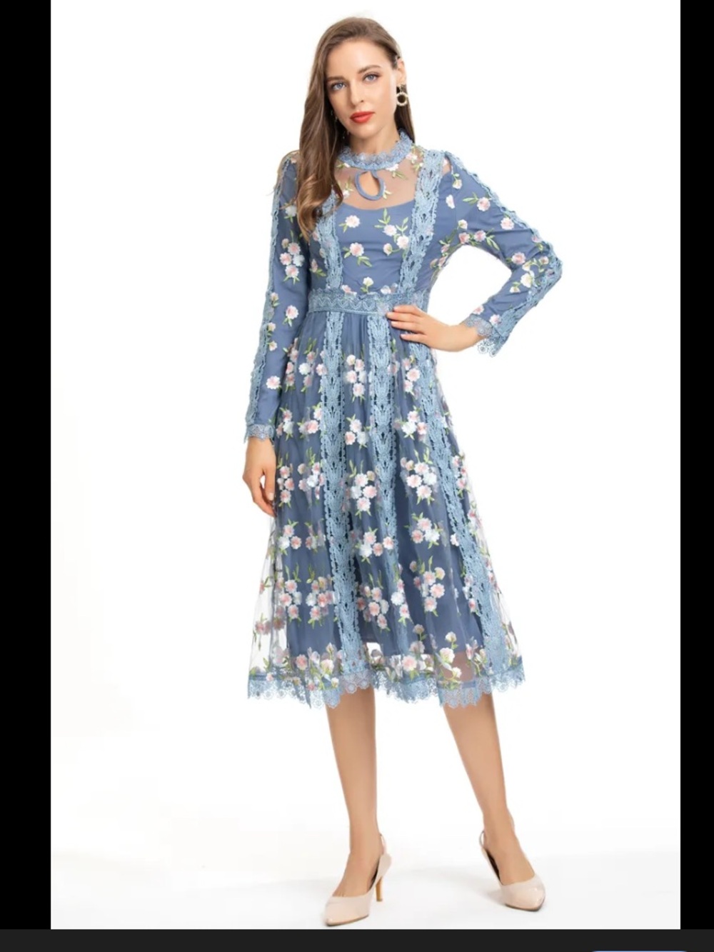 NEW Burryco Blue Floral Embroidered Lace Midi Dress Women’s Size 6 NWT Boho